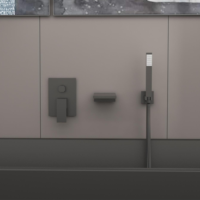 صنبور حوض استحمام شلال مثبت على الحائط باللون الأسود غير اللامع مع دش يدوي