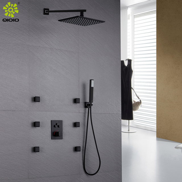 نحاسية 3 وظائف رأس دش LED أسود مجموعة دش ثرموستاتي مخفي